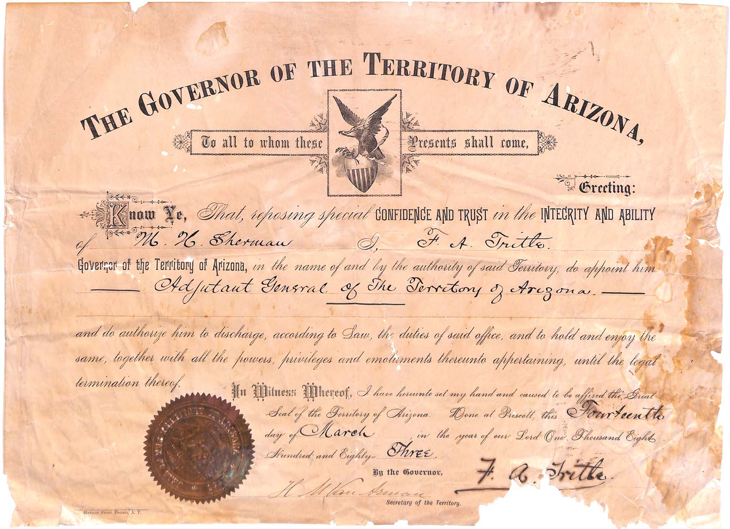 Certificate - Adjutant General Moses H. Sherman