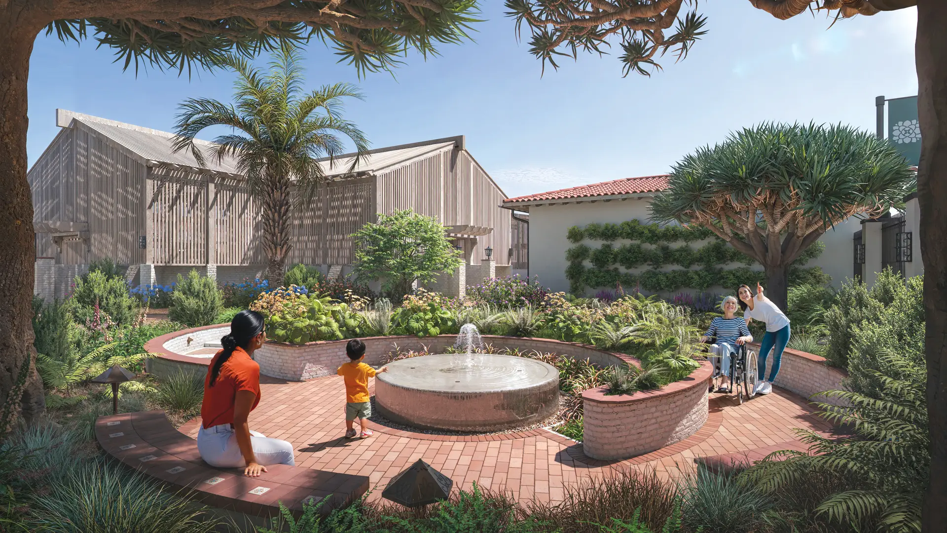Render of the remodel project for the Reflection garden at Sherman Library and Gardens from Grow the Garderns - It shows a lush garden with fountain and families enjoying the new facilities.