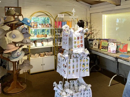 A shop interior with hats on a wooden stand, towels on a display rack, water bottles on shelves, and books arranged on a table.