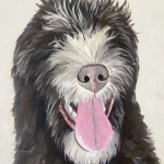Painting of a shaggy black and white dog with its mouth open and tongue hanging out, shown against a plain background.