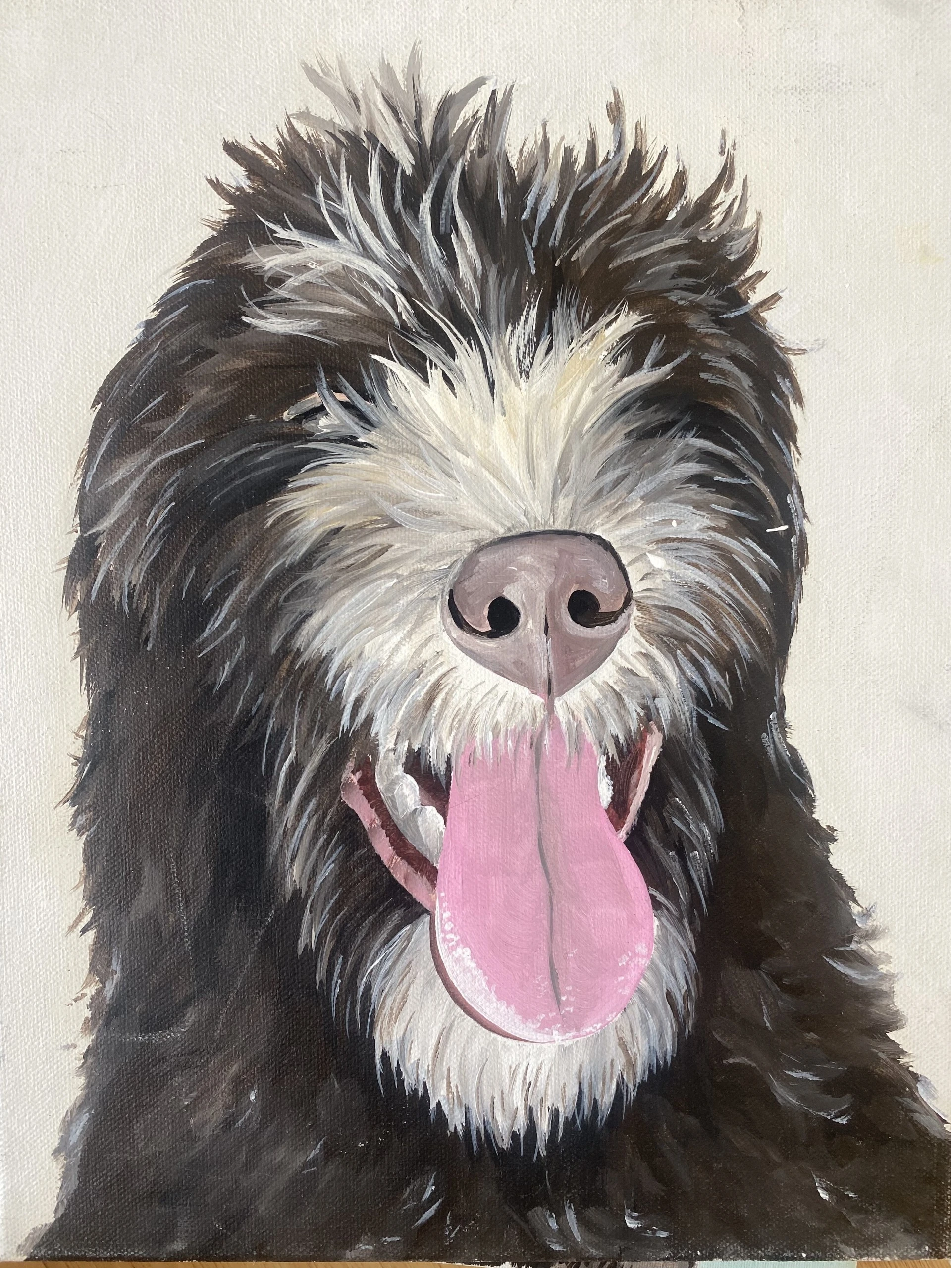 Painting of a shaggy black and white dog with its mouth open and tongue hanging out, shown against a plain background.