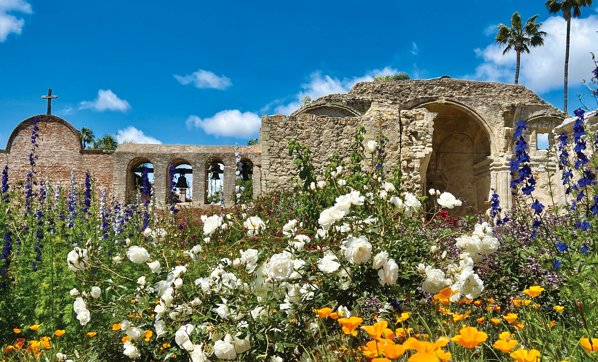 Ruins of an old stone building with arches and a cross at Mission San Juan Capistrano, surrounded by blooming white, orange, and purple flowers under a bright blue sky.