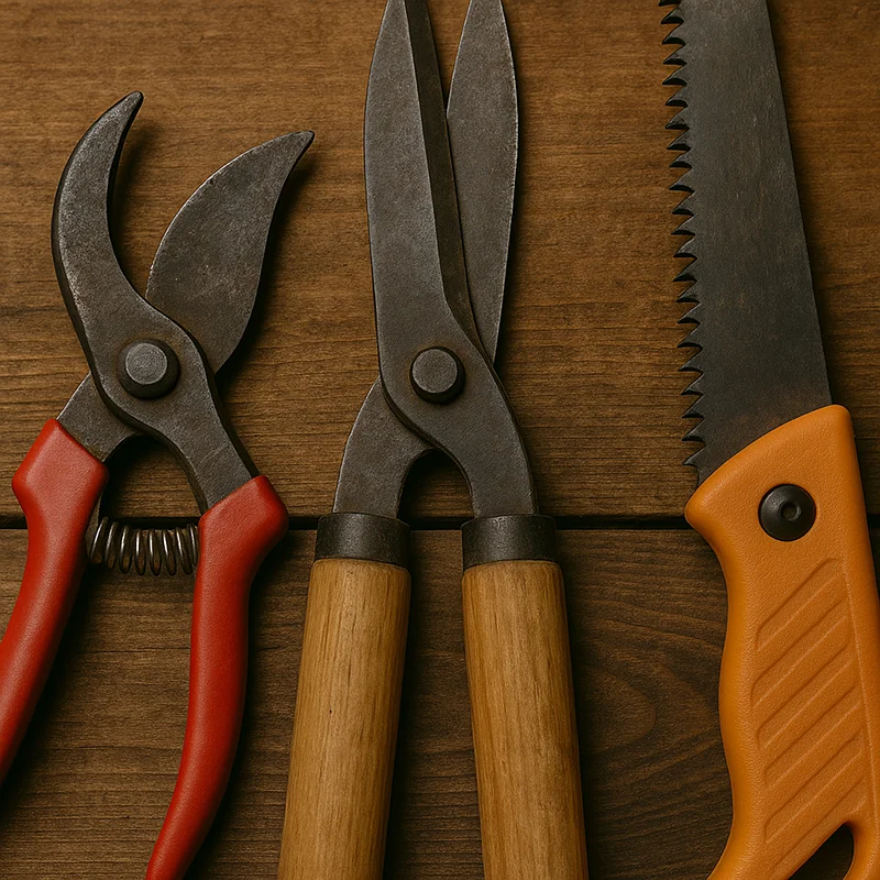 Three garden tools rest on a wooden surface: pruning shears with red handles, hedge shears with wooden handles, and a saw with an orange handle—perfect to sharpen before your next workshop.