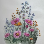 Watercolor painting of wildflowers with pink, orange, and blue blossoms, green stems and leaves, arranged in a natural, clustered composition that evokes the beauty of vibrant flower fields.
