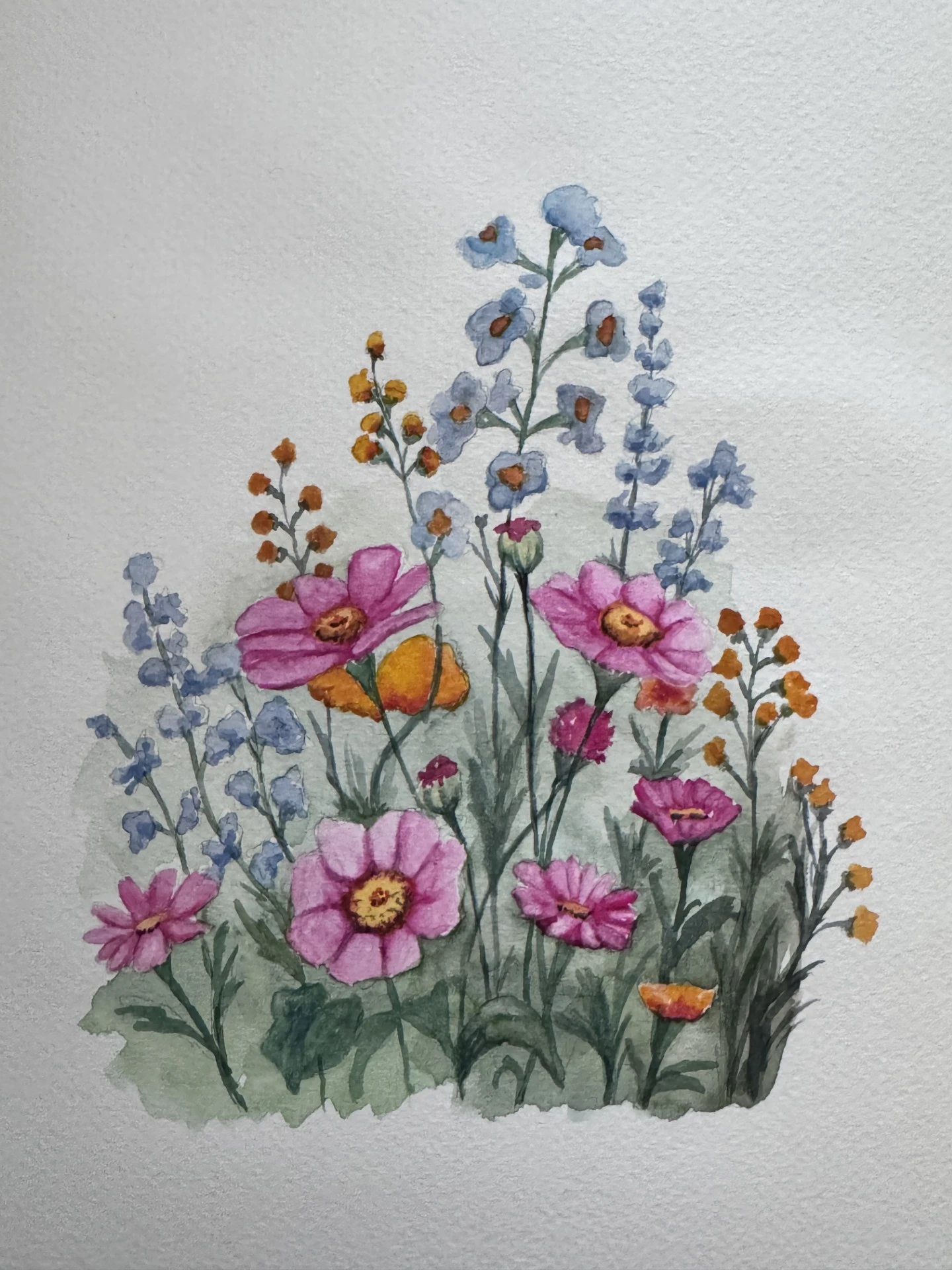 Watercolor painting of wildflowers with pink, orange, and blue blossoms, green stems and leaves, arranged in a natural, clustered composition that evokes the beauty of vibrant flower fields.