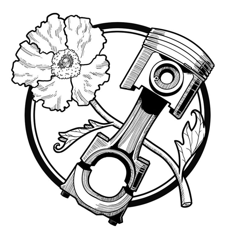 Black and white illustration of a mechanical piston intersecting with a large blooming flower, framed by a simple circular border—perfect for the Petals & Pistons Car Show or any unique auto event.