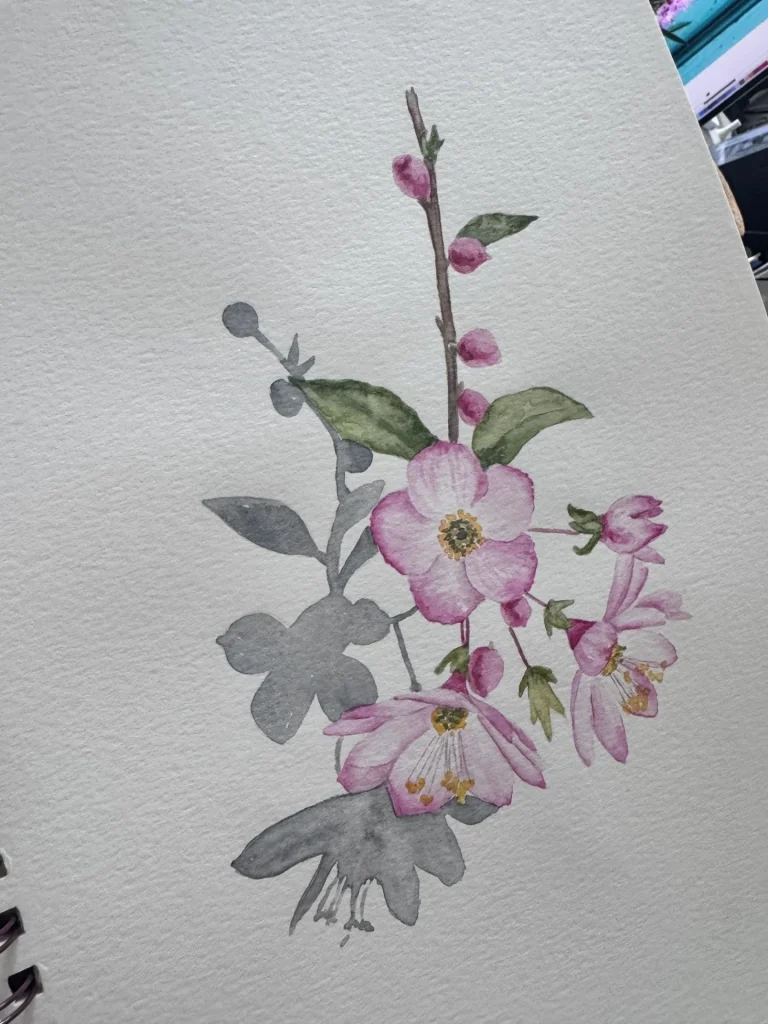Watercolor painting of pink and white cherry blossom flowers with green leaves. Some parts of the flowers and leaves are painted in grayscale, showcasing delicate detail inspired by a Watercolor Workshop.