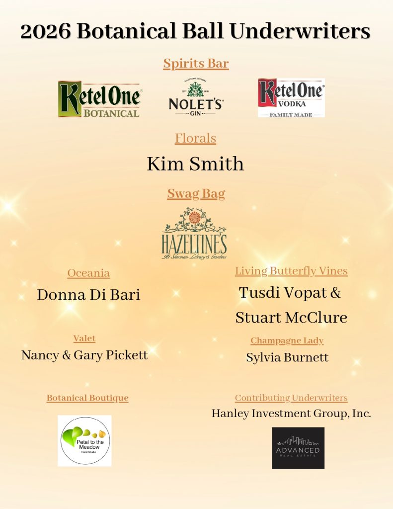 2026 Botanical Ball Underwriters sponsor list with logos for Ketel One, Nolet’s Gin, Hazeltines, Petal to the Metal, Advanced, and names of individual and company contributors for the event on Saturday, October 3, 2026.