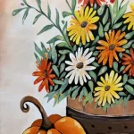 A harvest painting of a wooden bucket filled with orange, yellow, and white daisy-like flowers, set next to an orange pumpkin.