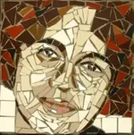 A square mosaic portrait of a person’s face, perfect for an evening talk, made of irregular brown, tan, and cream-colored tile pieces that evoke nature inspiration.