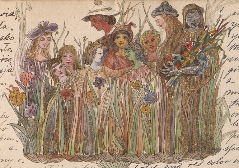 A group of people and children stand among tall grass and flowers, with handwritten text in the background, capturing a memorable moment from a UCI Special Collections Member Excursion.