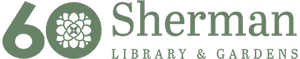 Logo for Sherman Library & Gardens featuring the number 60 with a floral icon inside the zero.