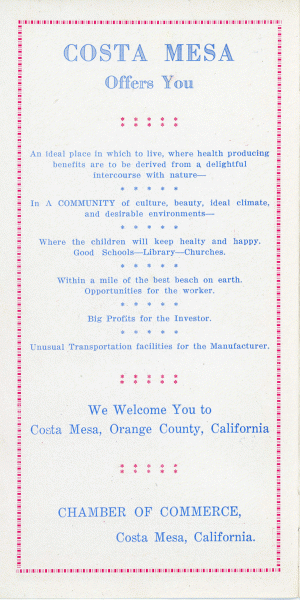 Costa Mesa Brochure ca 1926_Page_2@0.33x The inside cover of Costa Mesa: The Gateway to Newport Harbor